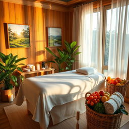 A beautiful, luxurious spa room filled with soft golden light, featuring a large massage table draped in pristine white linen