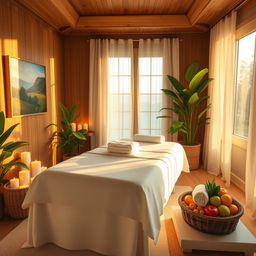 A beautiful, luxurious spa room filled with soft golden light, featuring a large massage table draped in pristine white linen