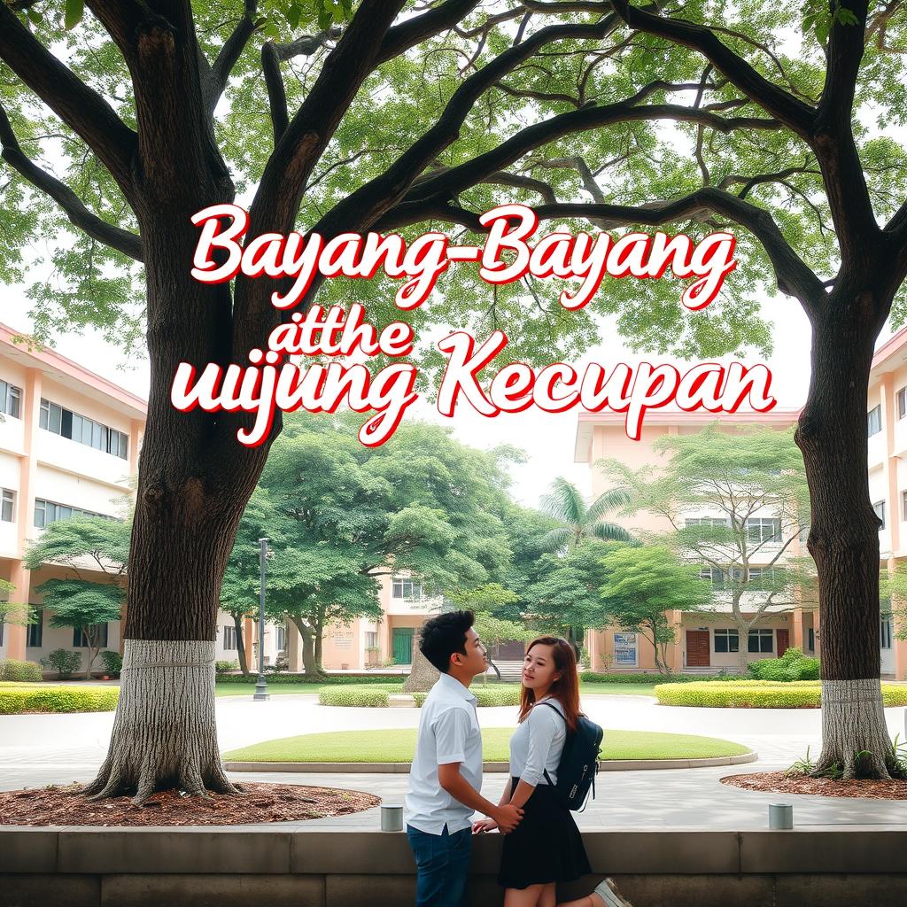 A romantic scene set under a large tree in a high school courtyard, featuring high school students, a boy and a girl, engaged in a tender moment, showcasing their affection with a backdrop of school buildings and green surroundings