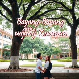 A romantic scene set under a large tree in a high school courtyard, featuring high school students, a boy and a girl, engaged in a tender moment, showcasing their affection with a backdrop of school buildings and green surroundings