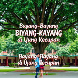 A romantic scene set under a large tree in a high school courtyard, featuring high school students, a boy and a girl, engaged in a tender moment, showcasing their affection with a backdrop of school buildings and green surroundings