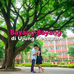 A romantic scene set under a large tree in a high school courtyard, featuring high school students, a boy and a girl, engaged in a tender moment, showcasing their affection with a backdrop of school buildings and green surroundings