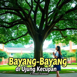 A romantic scene set under a large tree in a high school courtyard, featuring high school students, a boy and a girl, engaged in a tender moment, showcasing their affection with a backdrop of school buildings and green surroundings