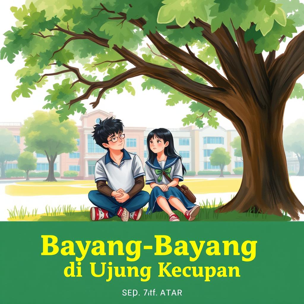 A school romance book cover titled 'Bayang-Bayang di Ujung Kecupan'