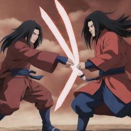 Anime battle scene between characters Madara Uchiha and Hashirama Senju in a 90's anime art style