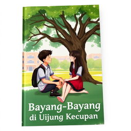 A school romance book cover titled 'Bayang-Bayang di Ujung Kecupan'