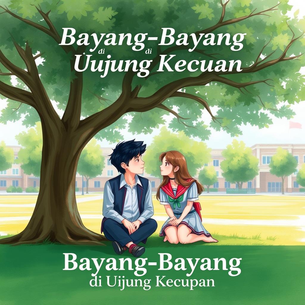 A school romance book cover titled 'Bayang-Bayang di Ujung Kecupan'