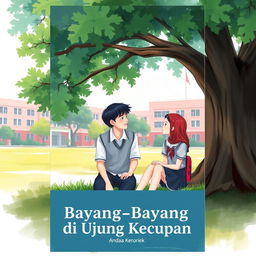 A school romance book cover titled 'Bayang-Bayang di Ujung Kecupan'