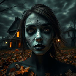 A spooky Halloween scene featuring a cracked white mascara design on a hauntingly beautiful face, with eerie expressions