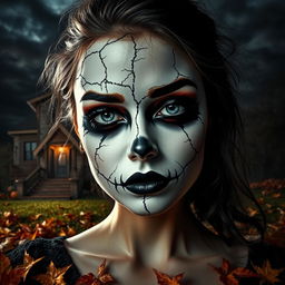 A spooky Halloween scene featuring a cracked white mascara design on a hauntingly beautiful face, with eerie expressions