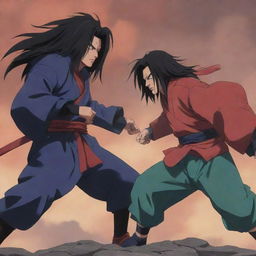 An intense duel between Madara Uchiha and Hashirama Senju, rendered in the rich, textured styles of a late 90s anime complete with energetic action lines and vintage color palettes