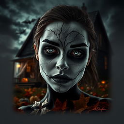 A spooky Halloween scene featuring a cracked white mascara design on a hauntingly beautiful face, with eerie expressions