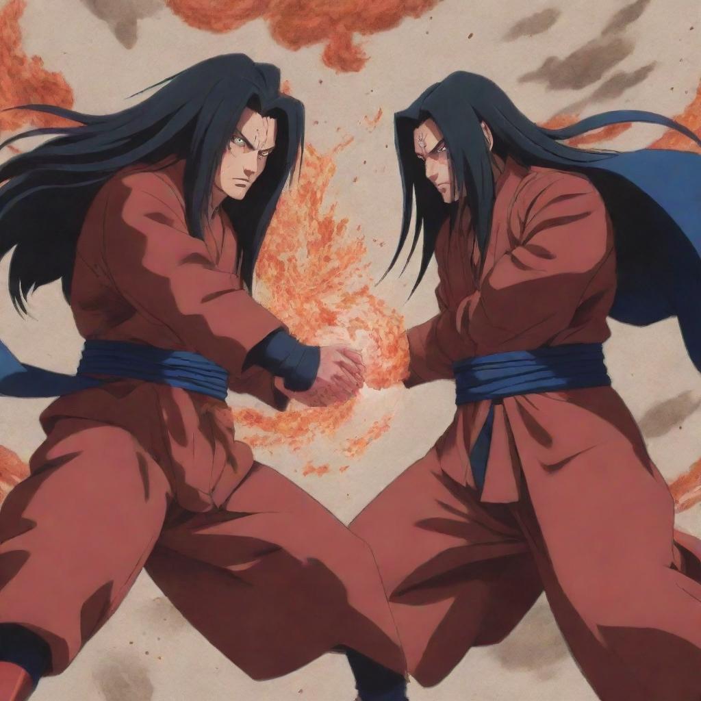 An intense duel between Madara Uchiha and Hashirama Senju, rendered in the rich, textured styles of a late 90s anime complete with energetic action lines and vintage color palettes