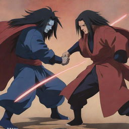 An intense duel between Madara Uchiha and Hashirama Senju, rendered in the rich, textured styles of a late 90s anime complete with energetic action lines and vintage color palettes