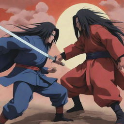 An intense duel between Madara Uchiha and Hashirama Senju, rendered in the rich, textured styles of a late 90s anime complete with energetic action lines and vintage color palettes