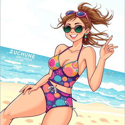 A playful and colorful illustration of a young woman enjoying a day at the beach, wearing a stylish swimsuit with vibrant patterns and fun accessories