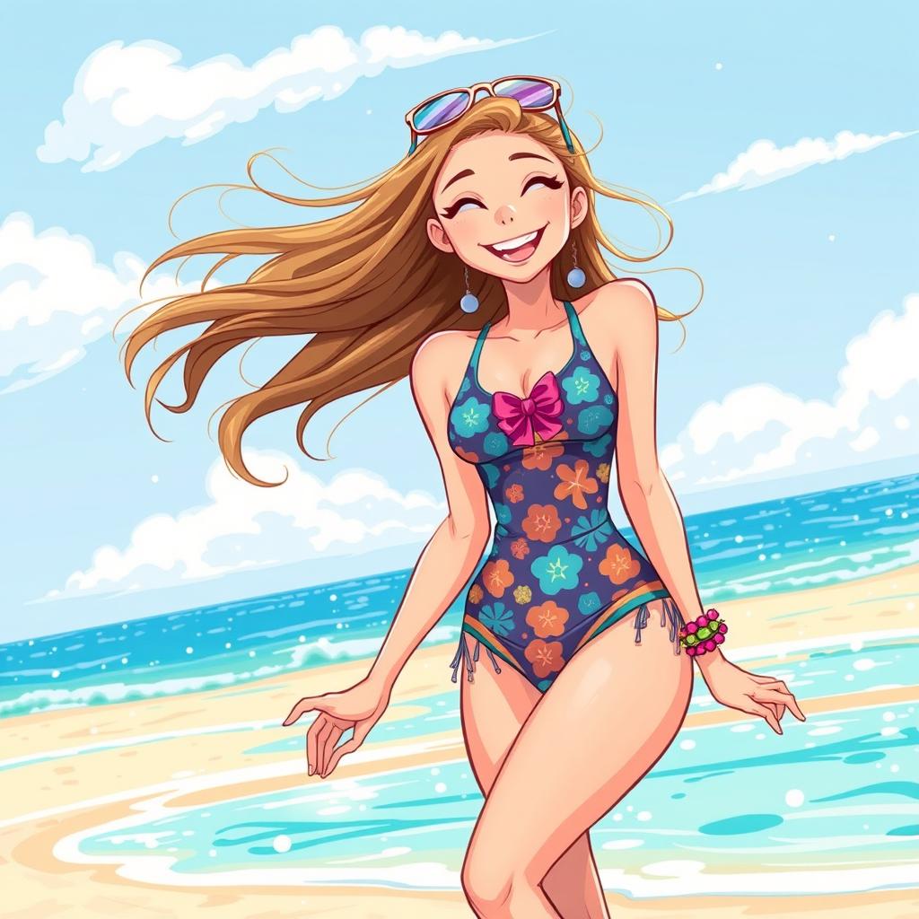 A playful and colorful illustration of a young woman enjoying a day at the beach, wearing a stylish swimsuit with vibrant patterns and fun accessories