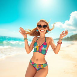 A playful and colorful illustration of a young woman enjoying a day at the beach, wearing a stylish swimsuit with vibrant patterns and fun accessories