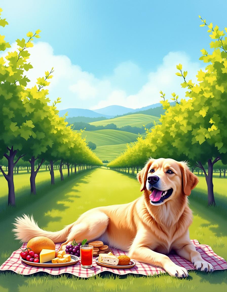 A beautiful, elegant watercolor painting of a joyful dog having a picnic in a vibrant vineyard