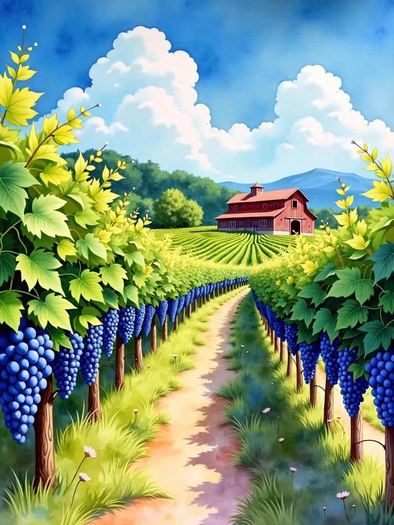 A beautiful watercolour painting of a vineyard, showcasing lush green grapevines laden with ripe grapes under a bright blue sky with fluffy white clouds