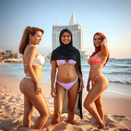 A picturesque beach scene featuring two beautiful white-skinned girls with slim curves and striking European mixed hairstyles, alongside a busty Arab girl elegantly dressed in a bikini swimsuit that complements her burqa