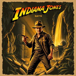 An adventurous and dynamic poster design featuring a rugged archaeologist in a fedora hat and leather jacket, holding a whip, standing in a dense jungle with ancient ruins in the background