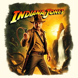 An adventurous and dynamic poster design featuring a rugged archaeologist in a fedora hat and leather jacket, holding a whip, standing in a dense jungle with ancient ruins in the background