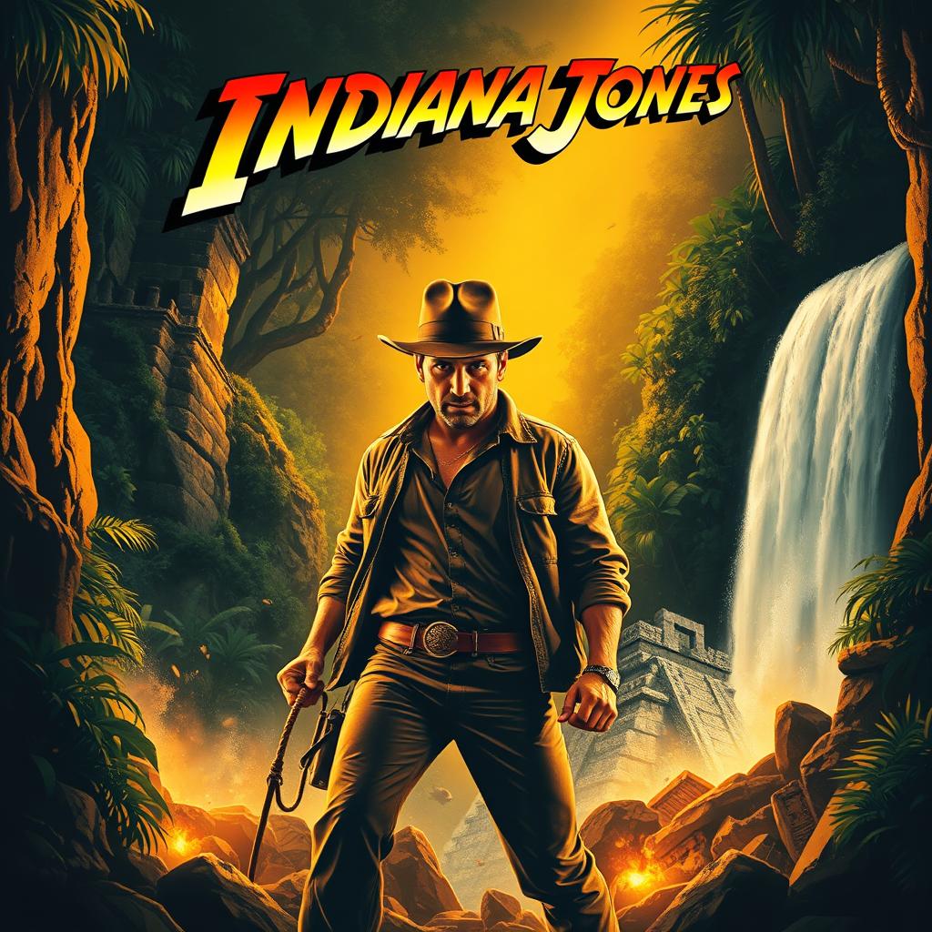 An adventurous and dynamic poster design featuring a rugged archaeologist in a fedora hat and leather jacket, holding a whip, standing in a dense jungle with ancient ruins in the background