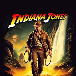 An adventurous and dynamic poster design featuring a rugged archaeologist in a fedora hat and leather jacket, holding a whip, standing in a dense jungle with ancient ruins in the background