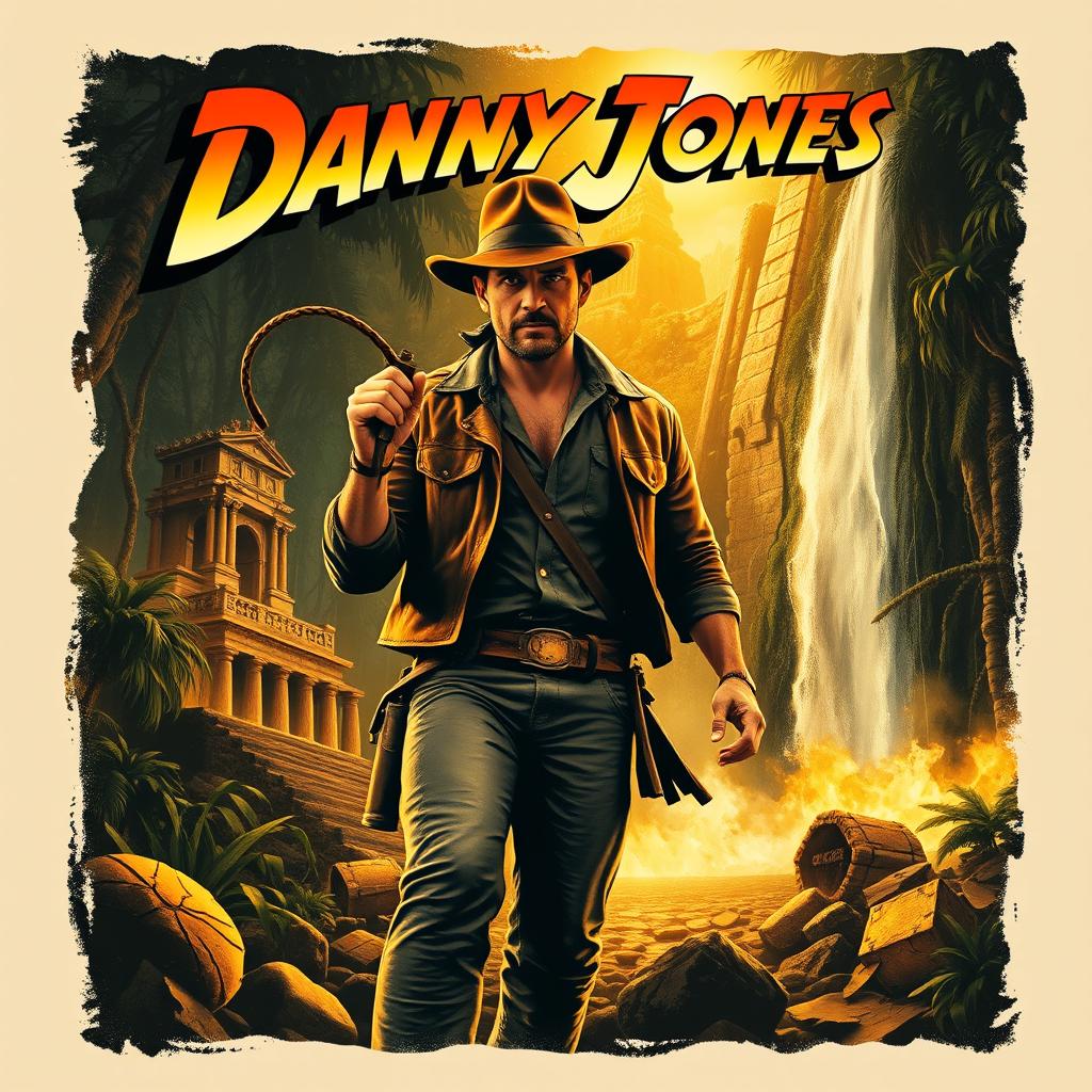 An adventurous and dynamic poster design featuring a rugged archaeologist named Danny Jones in a fedora hat and leather jacket, holding a whip, standing in a dense jungle with ancient ruins in the background