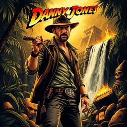 An adventurous and dynamic poster design featuring a rugged archaeologist named Danny Jones in a fedora hat and leather jacket, holding a whip, standing in a dense jungle with ancient ruins in the background