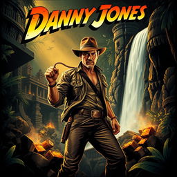 An adventurous and dynamic poster design featuring a rugged archaeologist named Danny Jones in a fedora hat and leather jacket, holding a whip, standing in a dense jungle with ancient ruins in the background