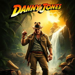 An adventurous and dynamic poster design featuring a rugged archaeologist named Danny Jones in a fedora hat and leather jacket, holding a whip, standing in a dense jungle with ancient ruins in the background