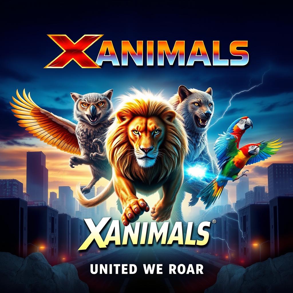 A vibrant movie poster featuring a unique crossover concept titled 'XAnimals'