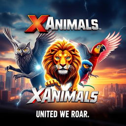 A vibrant movie poster featuring a unique crossover concept titled 'XAnimals'