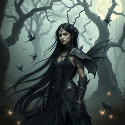 A mesmerizing blend of gothic and fantasy elements, featuring an enchanting figure standing in a mystical forest