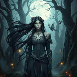 A mesmerizing blend of gothic and fantasy elements, featuring an enchanting figure standing in a mystical forest