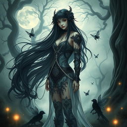 A mesmerizing blend of gothic and fantasy elements, featuring an enchanting figure standing in a mystical forest