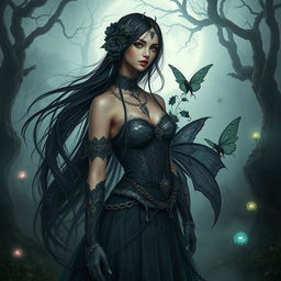 A mesmerizing blend of gothic and fantasy elements, featuring an enchanting figure standing in a mystical forest