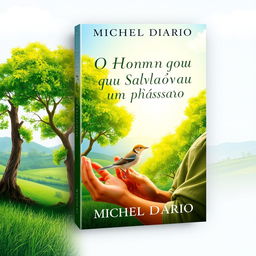 E-book cover design for 'O Homem que Salvou um Pássaro' by Michel Dario, depicting a serene landscape scene where a man is cradling a small bird in his hands