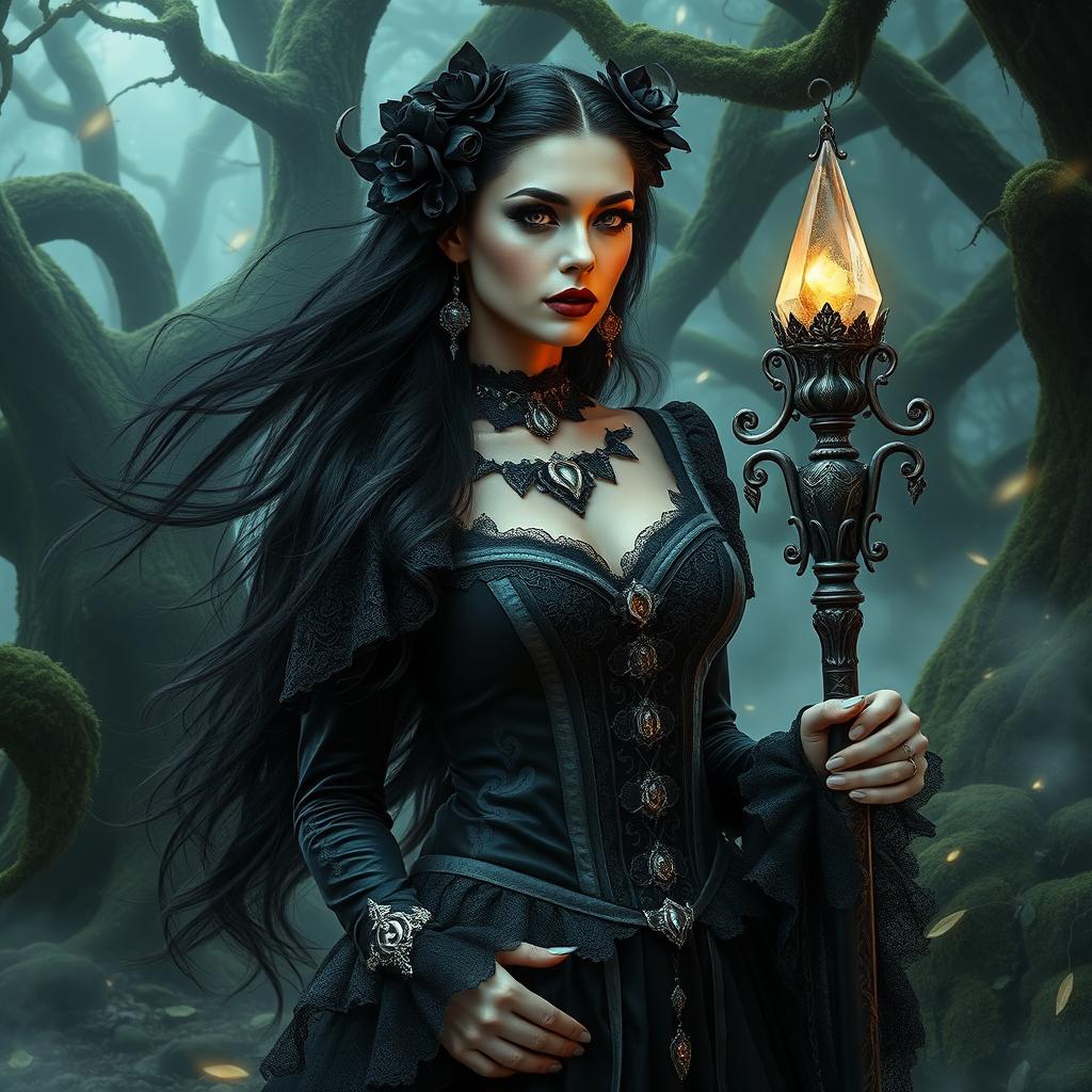 A stunning fusion of gothic and fantasy themes, highlighting a mysterious figure clad in intricate gothic attire standing amidst an enchanted forest