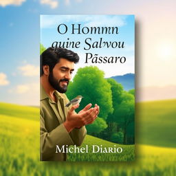 E-book cover design for 'O Homem que Salvou um Pássaro' by Michel Dario, depicting a serene landscape scene where a man is cradling a small bird in his hands