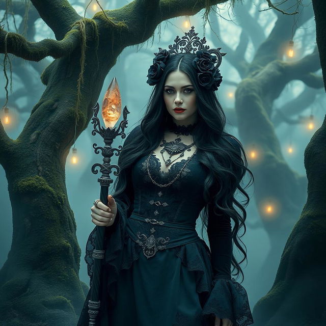 A stunning fusion of gothic and fantasy themes, highlighting a mysterious figure clad in intricate gothic attire standing amidst an enchanted forest