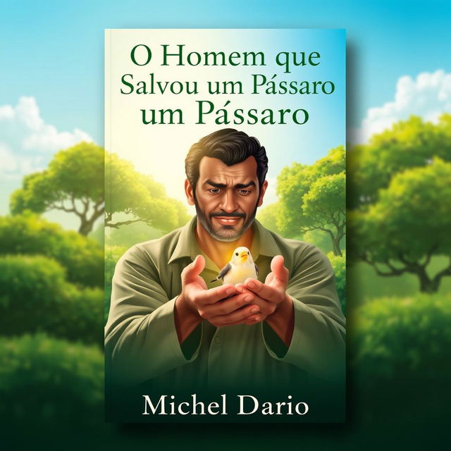 E-book cover design for 'O Homem que Salvou um Pássaro' by Michel Dario, depicting a serene landscape scene where a man is cradling a small bird in his hands