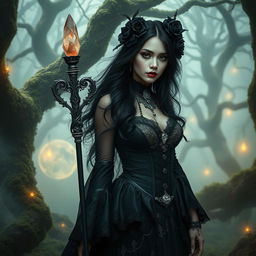 A stunning fusion of gothic and fantasy themes, highlighting a mysterious figure clad in intricate gothic attire standing amidst an enchanted forest