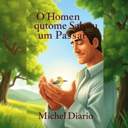 E-book cover design for 'O Homem que Salvou um Pássaro' by Michel Dario, depicting a serene landscape scene where a man is cradling a small bird in his hands