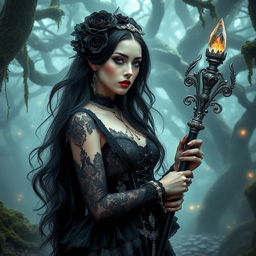 A stunning fusion of gothic and fantasy themes, highlighting a mysterious figure clad in intricate gothic attire standing amidst an enchanted forest