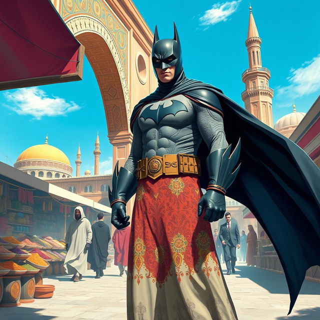 A reinterpretation of Batman set in a vibrant Iranian landscape, featuring Batman in a traditional Persian-inspired costume with intricate patterns and motifs, standing on a bustling market street full of colorful spices and textiles