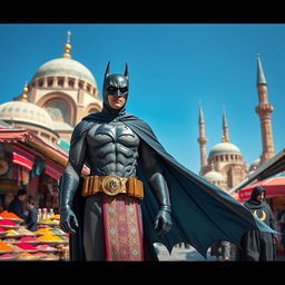 A reinterpretation of Batman set in a vibrant Iranian landscape, featuring Batman in a traditional Persian-inspired costume with intricate patterns and motifs, standing on a bustling market street full of colorful spices and textiles