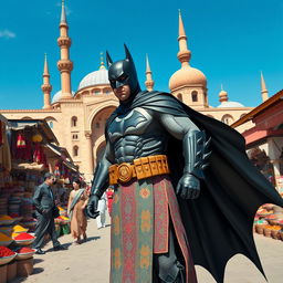 A reinterpretation of Batman set in a vibrant Iranian landscape, featuring Batman in a traditional Persian-inspired costume with intricate patterns and motifs, standing on a bustling market street full of colorful spices and textiles